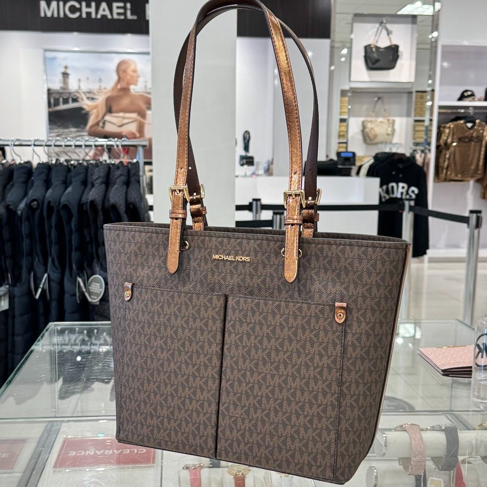 Michael Kors Jet Set Item Travel Double Pocket Shoulder Tote Bag MK Brown/Mocha